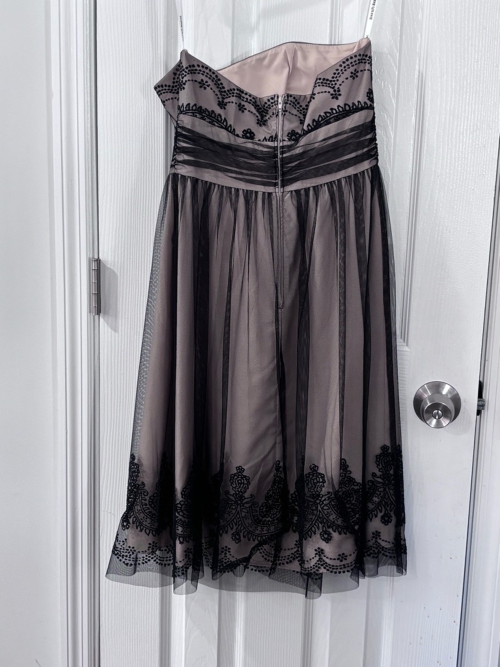 🩷David's Bridal Taupe Strapless Dress with Black Lace - Picture 3 of 13